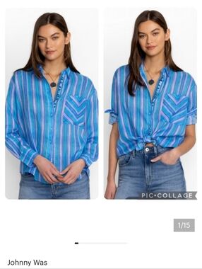 Johnny Was Workshop Oslo Striped Linen Blouse Button Down Up Front Shirt NWT XS